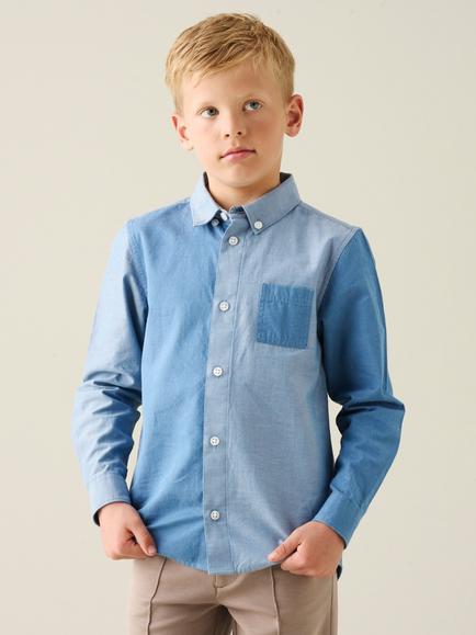 Angel & Rocket Kids' Jude Cotton Chambray Colour Block Shirt, Blue, Blue