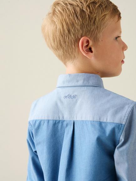 Angel & Rocket Kids' Jude Cotton Chambray Colour Block Shirt, Blue - view 2, Blue