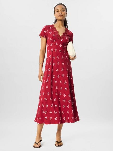 Whistles Floral Lace Trim Midi Dress, Burgundy/Multi, Burgundy/Multi