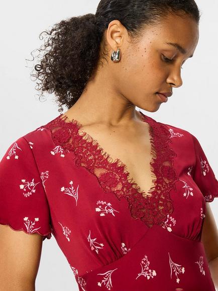 Whistles Floral Lace Trim Midi Dress, Burgundy/Multi - view 2, Burgundy/Multi