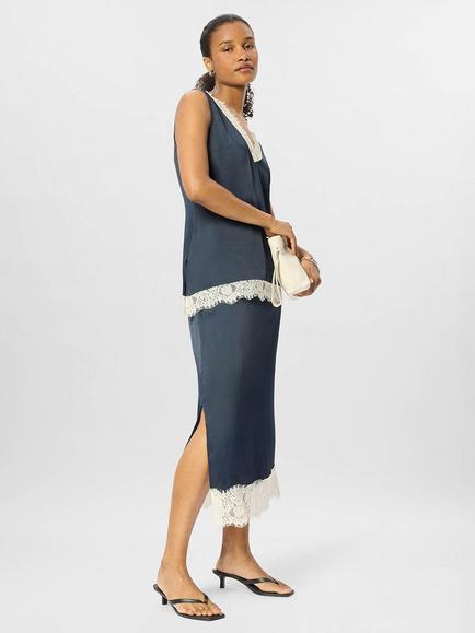 Reiss Lace Trim Satin Midi Skirt, Navy/Multi, Navy/Multi