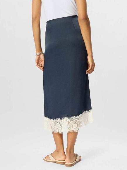 Reiss Lace Trim Satin Midi Skirt, Navy/Multi - view 2, Navy/Multi