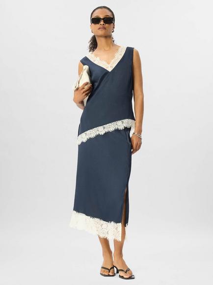 Reiss Lace Trim V-Neck Satin Cami Top, Navy/Multi, Navy/Multi