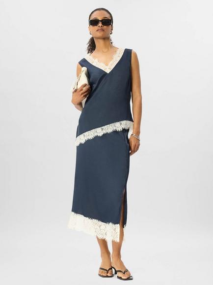 Reiss Lace Trim V-Neck Satin Cami Top, Navy/Multi - view 2, Navy/Multi