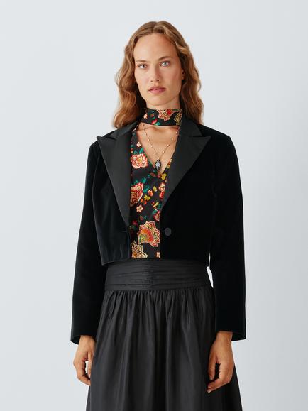 John Lewis x RIXO Meria Cropped Velvet Tuxedo Jacket, Black, Black