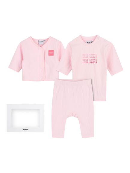 BOSS Baby Brushed Cotton Cardigan, Trousers and T-Shirt Set, Bubblegum, Bubblegum
