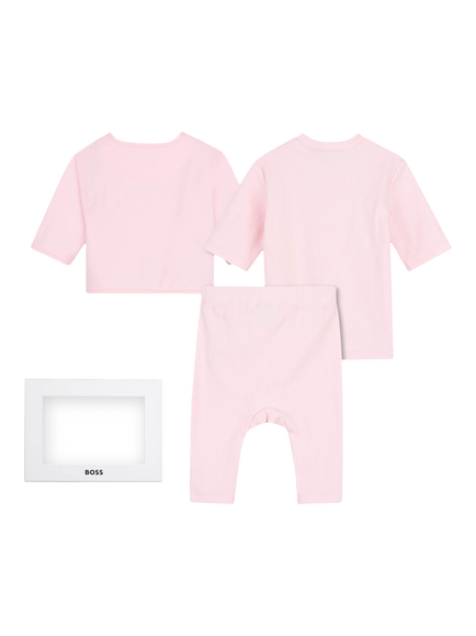 BOSS Baby Brushed Cotton Cardigan, Trousers and T-Shirt Set, Bubblegum - view 2, Bubblegum