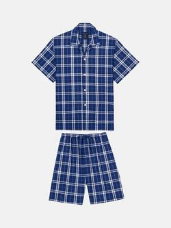 British Boxers Button Through Check Short Cotton Pyjama Set, Chester Blue, Chester Blue