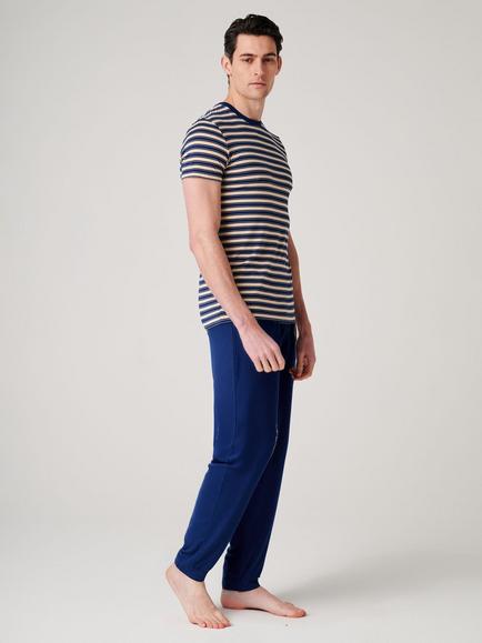 British Boxers Short Sleeve Long Pyjama Set, Sandstone/Navy - view 2, Sandstone/Navy