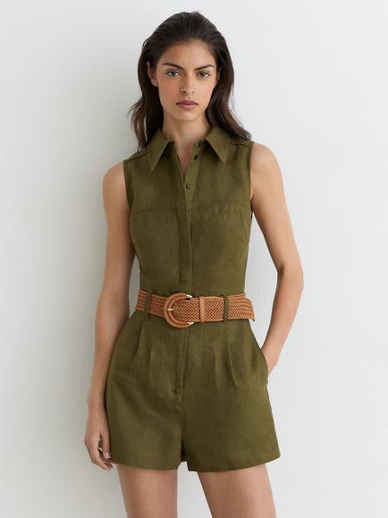 Reiss Taylor Linen Belted Utility Playsuit, Khaki Green, Khaki Green