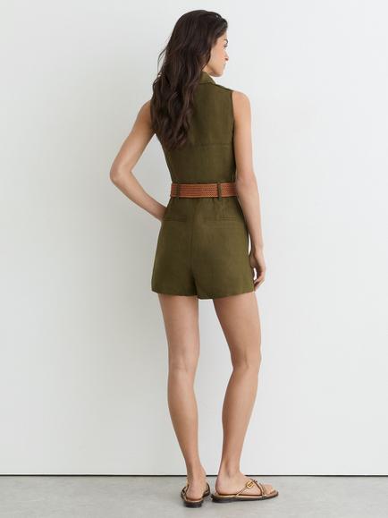 Reiss Taylor Linen Belted Utility Playsuit, Khaki Green - view 2, Khaki Green