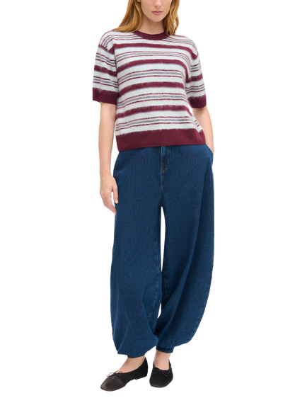 ALIGNE Helen Short Sleeve Striped Brushed Wool Jumper, Cream/Burgundy/Grey, Cream/Burgundy/Grey