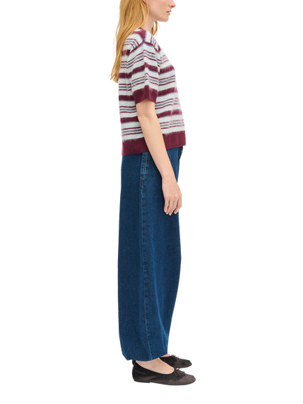 ALIGNE Helen Short Sleeve Striped Brushed Wool Jumper, Cream/Burgundy/Grey - view 2, Cream/Burgundy/Grey