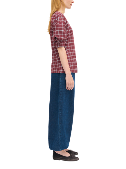 ALIGNE Janey Short Puff Sleeve Ruched Check Top, Burgundy/White - view 2, Burgundy/White