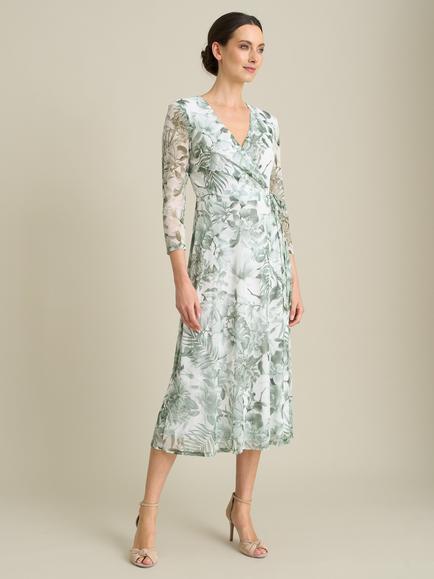 Gina Bacconi Nancie Floral Mesh Faux Wrap Midi Dress, Green, Green