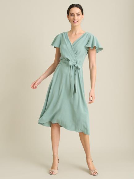 Gina Bacconi Peppa Tie Waist V-Neck Faux Wrap Knee Length Dress, Green Aqua, Green Aqua