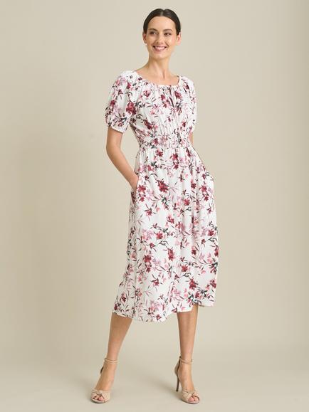 Gina Bacconi Perrie Smock Waist Floral Print Midi Dress, Ivory/Red, Ivory/Red