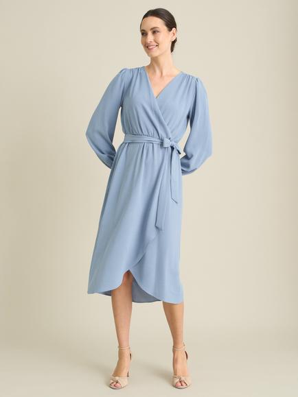 Gina Bacconi Peyton Bow Wrap Long Sleeve Midi Dress, Sky, Sky