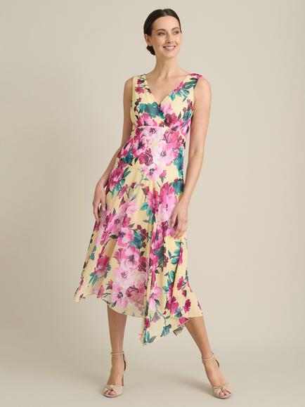 Gina Bacconi India Chiffon Print Midi Dress, Yellow/Multi, Yellow/Multi