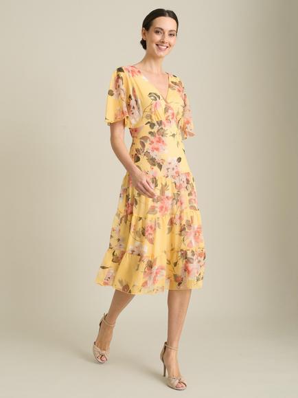 Gina Bacconi Agatha Floral Chiffon Knee Length Dress, Yellow, Yellow