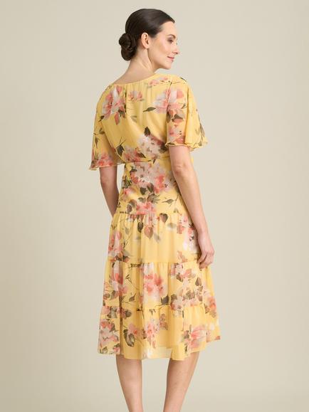 Gina Bacconi Agatha Floral Chiffon Knee Length Dress, Yellow - view 2, Yellow