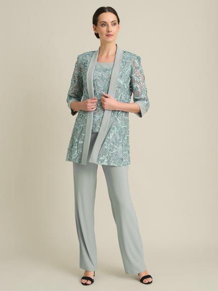 Gina Bacconi Joelle Embroidered Two Piece Trouser Suit with Detachable Necklace, Sage, Sage