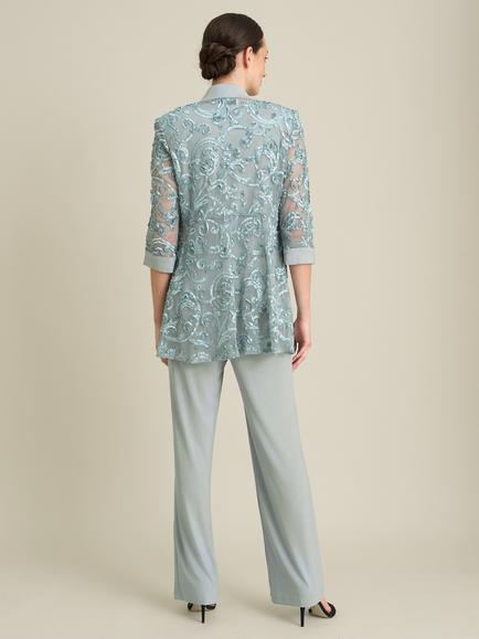 Gina Bacconi Joelle Embroidered Two Piece Trouser Suit with Detachable Necklace, Sage - view 2, Sage