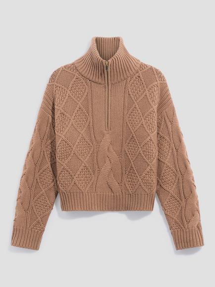 Gerard Darel Roxy Pure Wool Cable Knit High Zip Neck Jumper, Beige, Beige