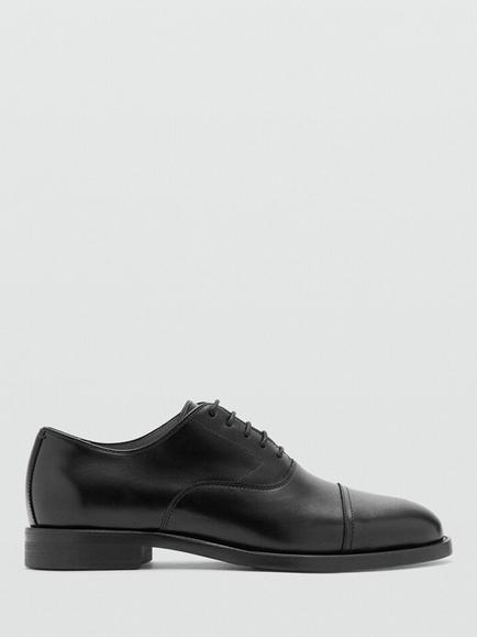 Mango Leather Cap Toe Oxford Lace Up Shoes, Black, Black
