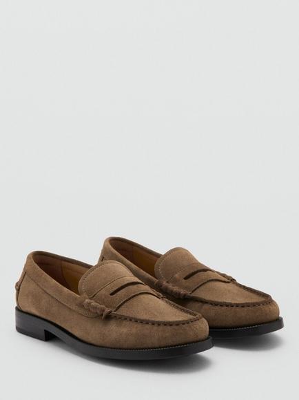 Mango Heritage Suede Handstitched Penny Loafers, Taupe - view 2, Taupe