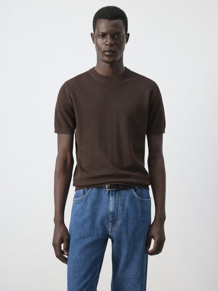 Mango Crew Neck Cotton T-Shirt, Brown, Brown