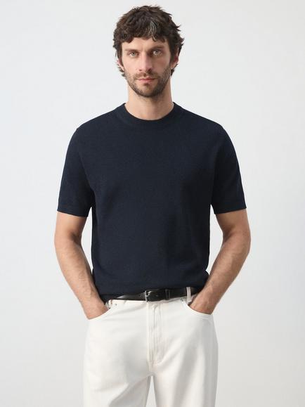 Mango Regular Fit Cotton Blend T-Shirt, Navy, Navy