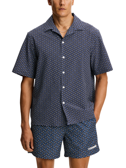 J.Lindeberg Donso Geo Button Through Short Sleeve Cotton Blend Shirt, Navy/Multi, Navy/Multi