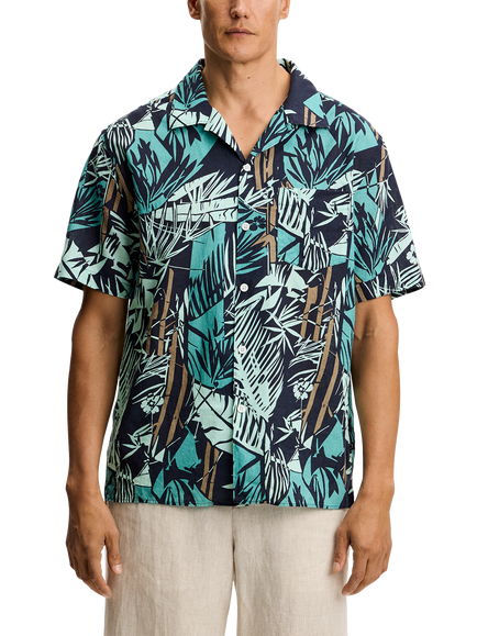 J.Lindeberg Elio Grove Bay Button Through Short Sleeve Cotton Linen Blend Shirt, Navy/Multi, Navy/Multi