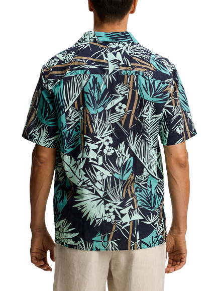 J.Lindeberg Elio Grove Bay Button Through Short Sleeve Cotton Linen Blend Shirt, Navy/Multi - view 2, Navy/Multi