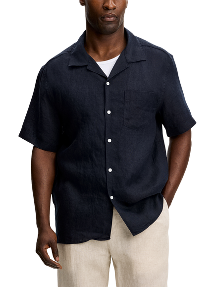 J.Lindeberg Elio Button Through Short Sleeve Linen Shirt, Navy, Navy