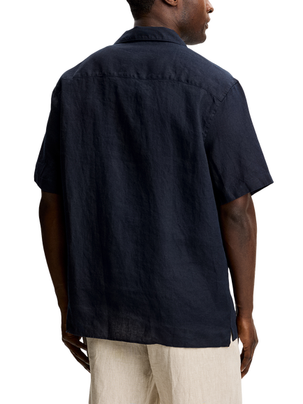 J.Lindeberg Elio Button Through Short Sleeve Linen Shirt, Navy - view 2, Navy