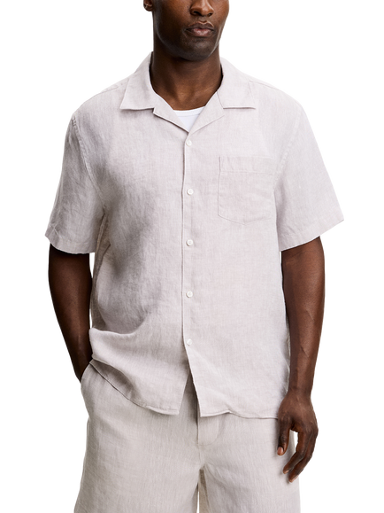 J.Lindeberg Elio Button Through Short Sleeve Linen Shirt, Navy, Moonbeam