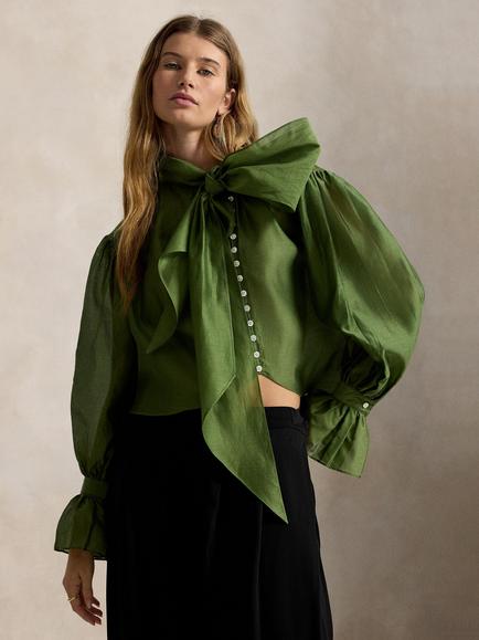 Polo Ralph Lauren Cotton Rich Tie Neck Blouse, Green, Green