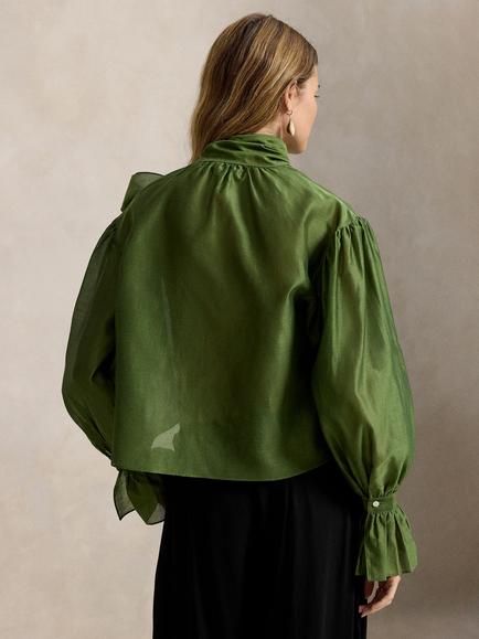 Polo Ralph Lauren Cotton Rich Tie Neck Blouse, Green - view 2, Green