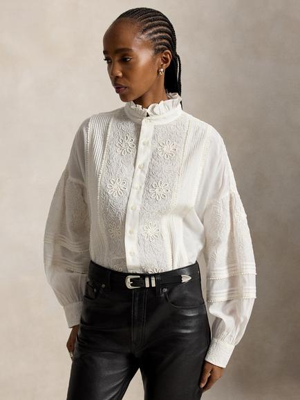 Polo Ralph Lauren Paisley High Neck Cotton Blend Blouse, Antique Cream, Antique Cream