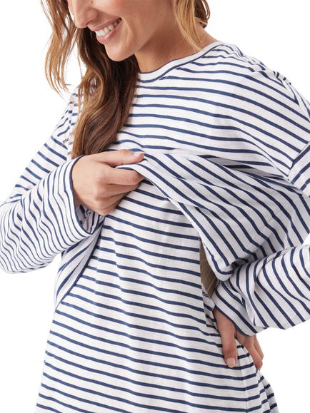 Ripe Claudette Striped Long Sleeve Maternity and Nursing T-Shirt, White/Ink - view 2, White/Ink