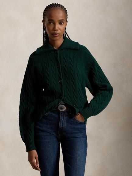 Polo Ralph Lauren Cable Knit Collar Neck Cardigan, College Green