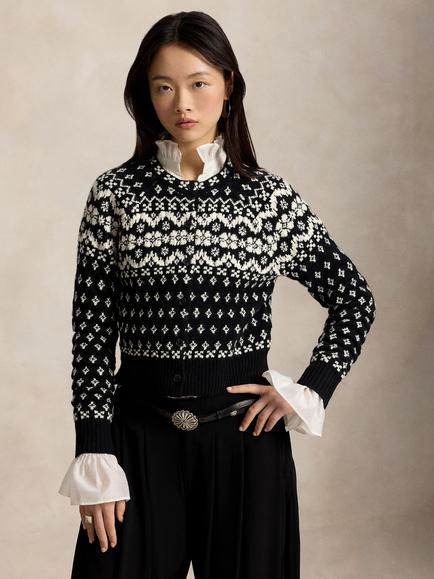 Ralph Lauren Polo Ralph Lauren Fiar Isle Wool Blend Cardigan, Black/Cream, Black/Cream