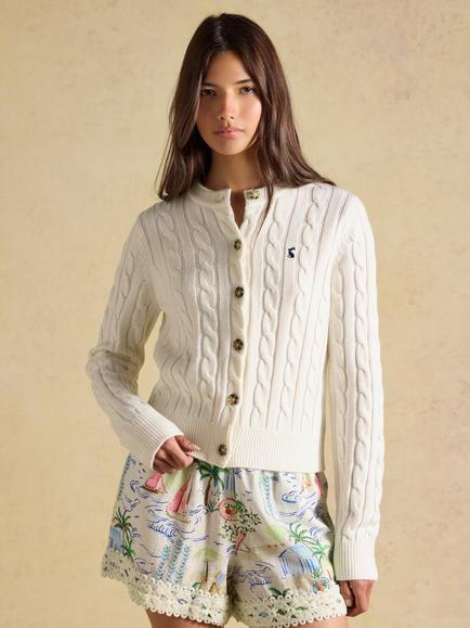Joules Cable Knitted Crew Neck Cardigan, Cream, Cream