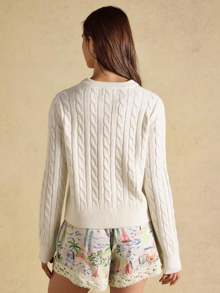 Joules Cable Knitted Crew Neck Cardigan, Cream - view 2, Cream
