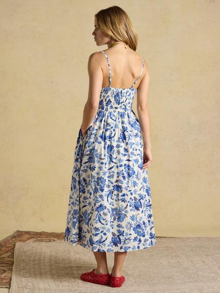 Joules Floral Strappy Fit and Flare Midi Dress, Blue - view 2, Blue