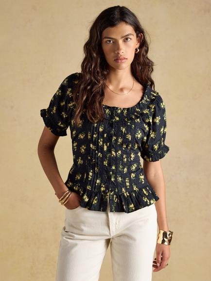 Joules Frill Floral Top, Black/Multi, Black/Multi