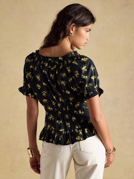 Joules Frill Floral Top, Black/Multi - view 2, Black/Multi