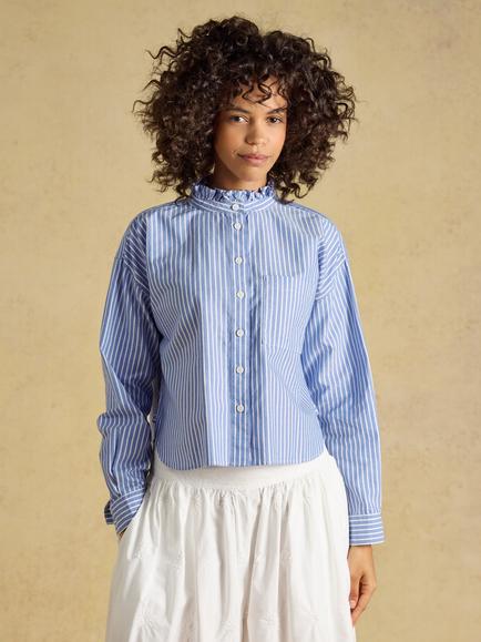 Joules Cropped Oxford Cotton Stripe Shirt, Blue, Blue